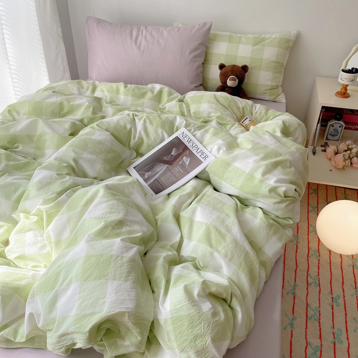 91家纺网 家纺一手货源 找家纺 繁花家居 2024新款亲肤混搭印花四件套系列（提供买家秀） 混搭-蜜瓜绿方格