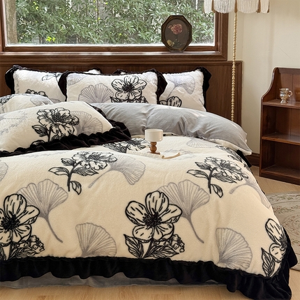 小主驾到 2024新款兔毛绒牛奶绒花边款轻奢法式赫本风四件套 五十度灰