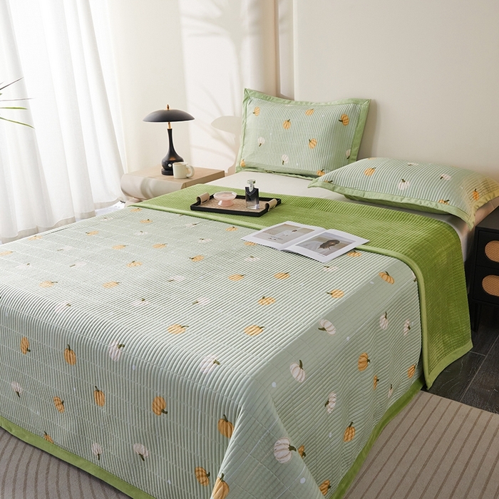 91家纺网 家纺一手货源 找家纺 莎果家纺 2025秋冬一面天丝一面绒高温砂洗床盖三件套 小南瓜