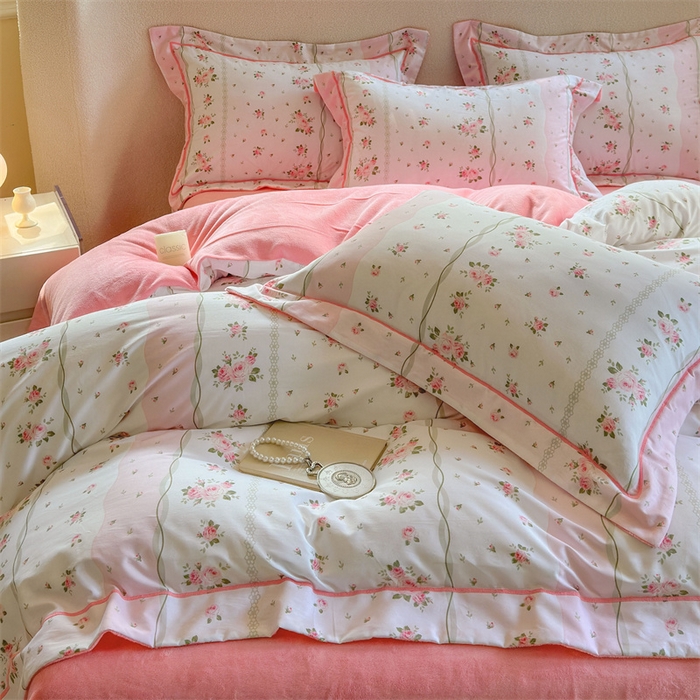 91家纺网 家纺一手货源 找家纺 7V 2025新款A纯棉B牛奶绒轻奢大宽边一字绣四件套A类133*76全棉喷气宽幅长绒棉高克重全工艺牛奶绒 沐浴玫瑰