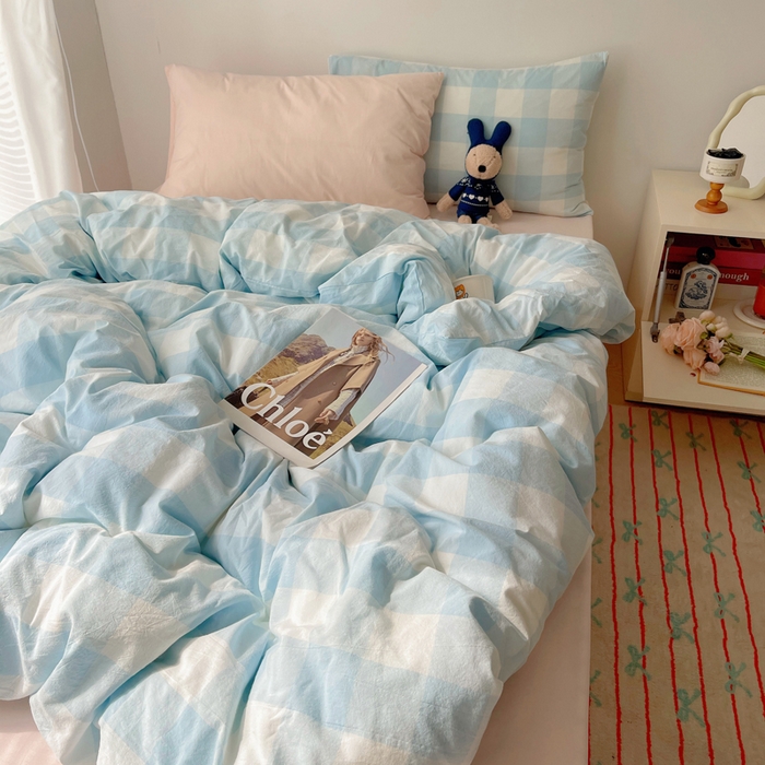 91家纺网 家纺一手货源 找家纺 繁花家居 2024新款亲肤混搭印花四件套系列（提供买家秀） 混搭-浅蓝方格