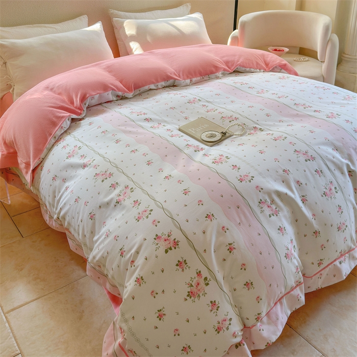 91家纺网 家纺一手货源 找家纺 7V 2024新款单件被套A纯棉B牛奶绒轻奢大宽边一字绣A类133*76全棉喷气宽幅长绒棉高克重全工艺牛奶绒 沐浴玫瑰