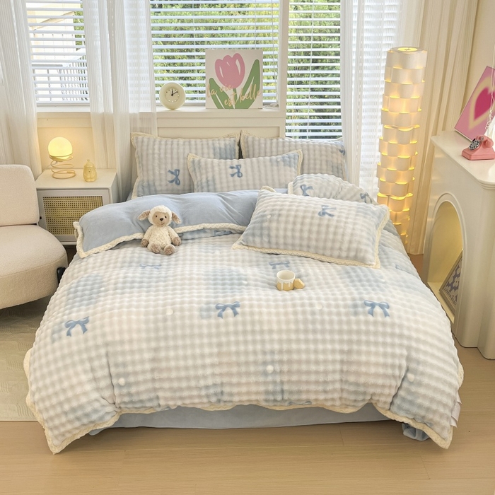 91家纺网 家纺一手货源 找家纺 金喜 2024新款泡泡牛奶绒四件套-欧帝莎 泡泡牛奶绒-拾忆蓝