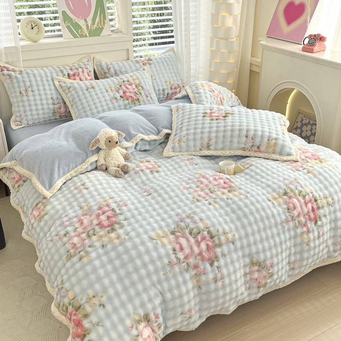 91家纺网 家纺一手货源 找家纺 金喜 2024新款泡泡牛奶绒四件套-欧帝莎 泡泡牛奶绒-花开朵朵