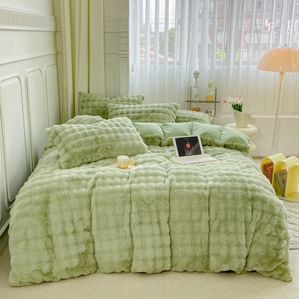 91家纺网 家纺一手货源 找家纺 昊川家纺 2025新款兔毛绒泡泡四件套兔毛 抹茶绿