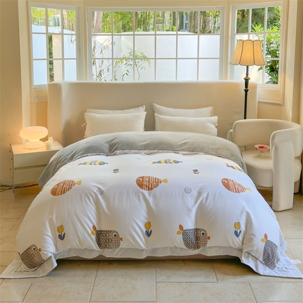 7V 2024新款单件被套A纯棉B牛奶绒轻奢大宽边一字绣A类133*76全棉喷气宽幅长绒棉高克重全工艺牛奶绒 罗非鱼