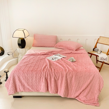 云玲时尚 2025新款高克重360g兔毛麻花绒盖毯 粉