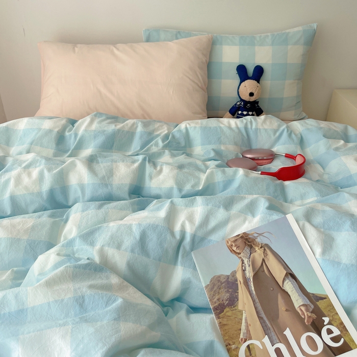 91家纺网 家纺一手货源 找家纺 繁花家居 2024新款亲肤混搭印花四件套系列（提供买家秀） 混搭-浅蓝方格