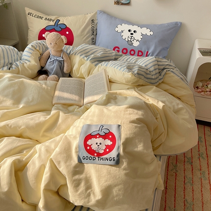 91家纺网 家纺一手货源 找家纺 繁花家居 2024新款亲肤舒适卡通印花水洗棉四件套 番茄小狗