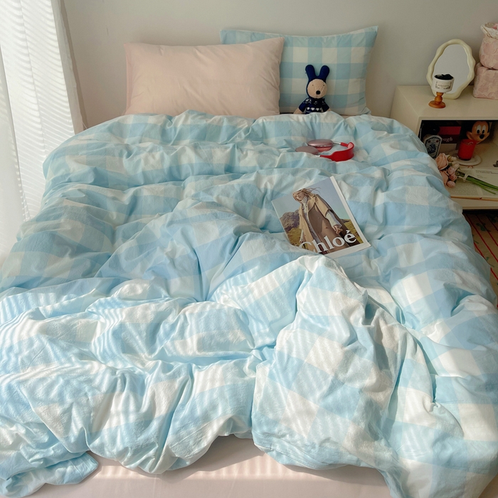 91家纺网 家纺一手货源 找家纺 繁花家居 2024新款亲肤混搭印花四件套系列（提供买家秀） 混搭-浅蓝方格