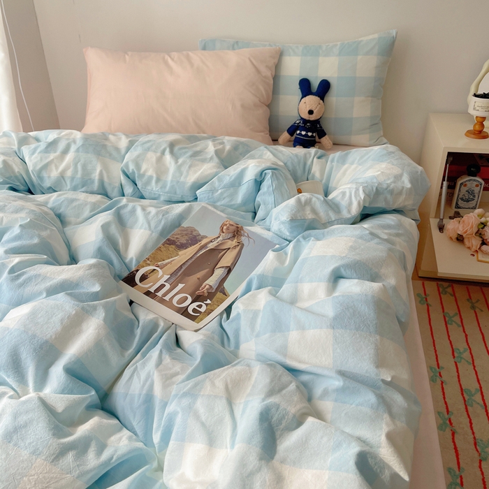 91家纺网 家纺一手货源 找家纺 繁花家居 2024新款亲肤混搭印花四件套系列（提供买家秀） 混搭-浅蓝方格