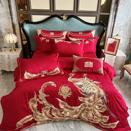 91家纺网 家纺一手货源 找家纺 佳汐蓝家纺 2024新款全棉100支贡缎提花婚庆四件套系列 有凤来仪