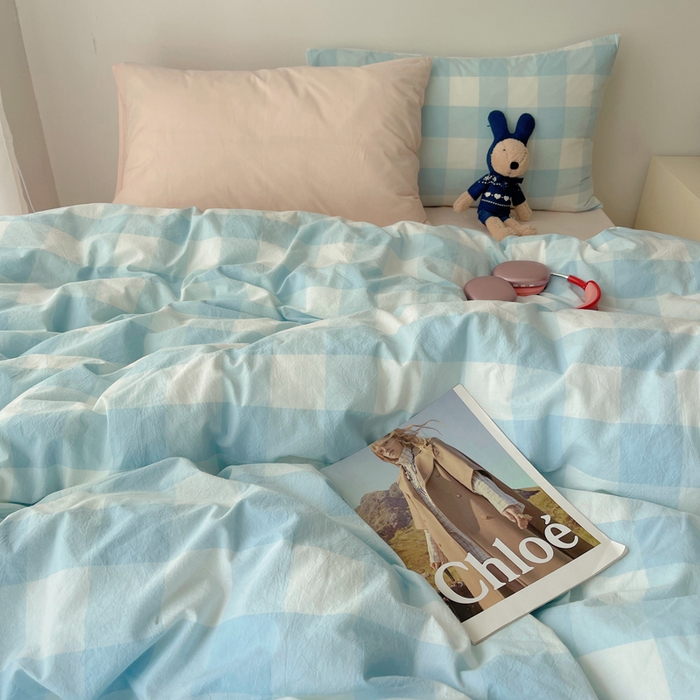 91家纺网 家纺一手货源 找家纺 繁花家居 2024新款亲肤混搭印花四件套系列（提供买家秀） 混搭-浅蓝方格