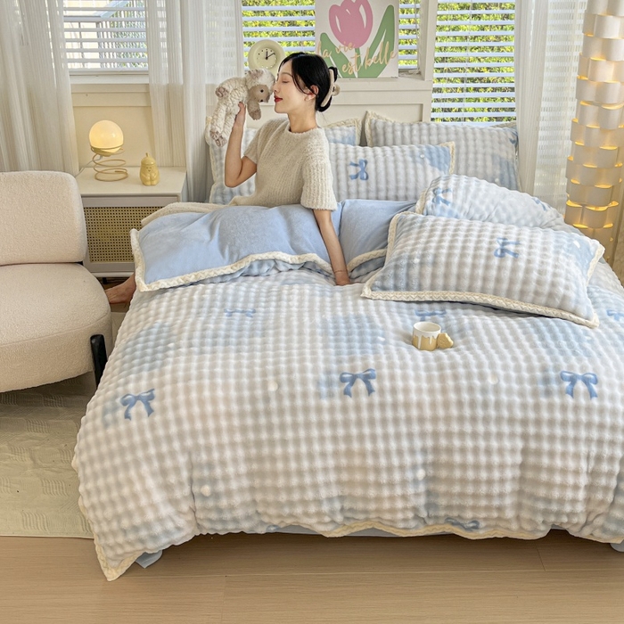 91家纺网 家纺一手货源 找家纺 金喜 2024新款泡泡牛奶绒四件套-欧帝莎 泡泡牛奶绒-拾忆蓝