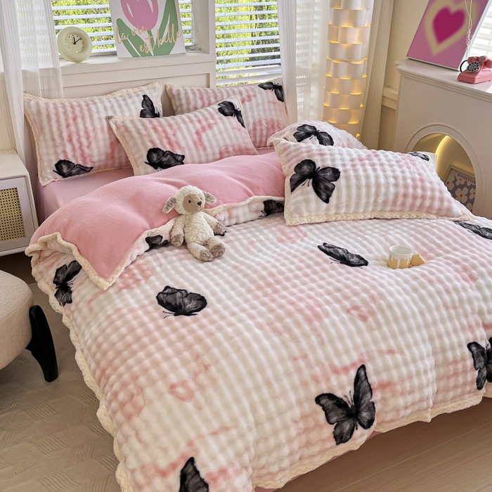 91家纺网 家纺一手货源 找家纺 金喜 2024新款泡泡牛奶绒四件套-欧帝莎 泡泡牛奶绒-蝶恋花粉