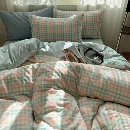 91家纺网 家纺一手货源 找家纺 （总）繁花家居 2024新款简约格子水洗棉四件套系列