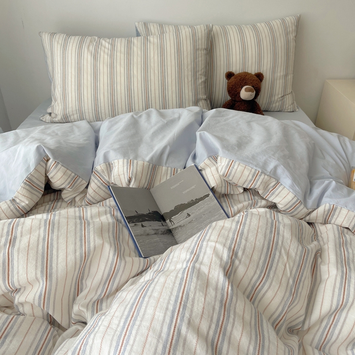 91家纺网 家纺一手货源 找家纺 繁花家居 2024新款亲肤混搭印花四件套系列（提供买家秀） 蓝条蓝底