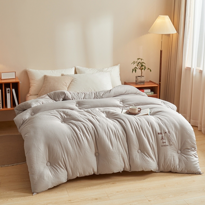 91家纺网 家纺一手货源 找家纺 金喜 2024新款原棉提花无染冬被春秋被拉链款立体边加厚子母被芯 高级灰