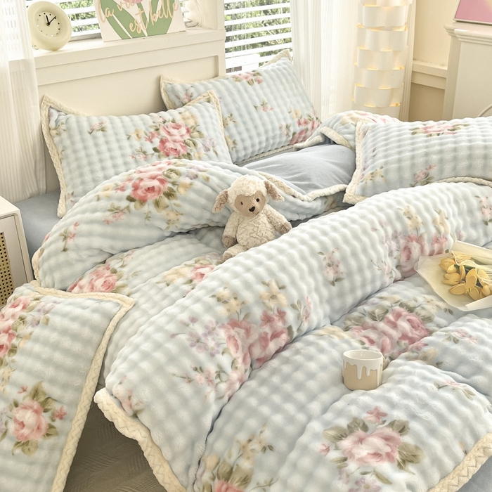 91家纺网 家纺一手货源 找家纺 金喜 2024新款泡泡牛奶绒四件套-欧帝莎 泡泡牛奶绒-花开朵朵