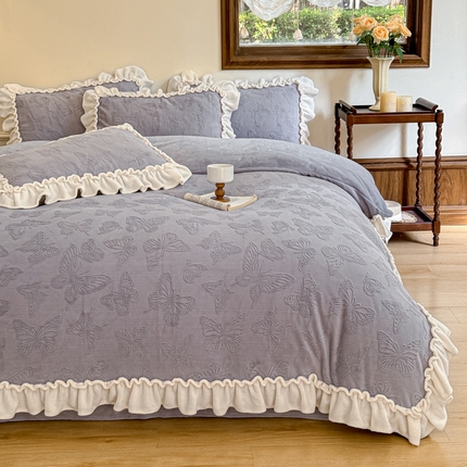 小主驾到 2024新款雕花绒牛奶绒花边款轻奢法式蝴蝶烂花公主风四件套 梦笙蝶紫