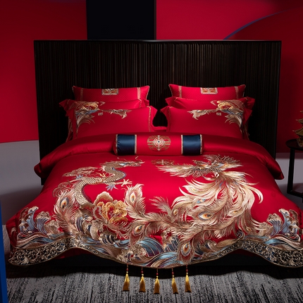 91家纺网 家纺一手货源 找家纺 佳汐蓝家纺 2024新款全棉100支贡缎提花婚庆四件套系列 升龙祥凤