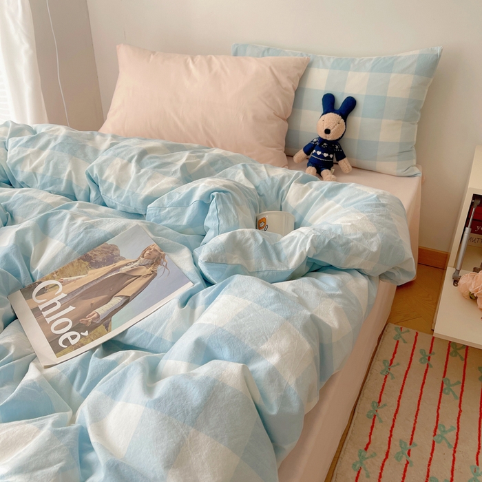 91家纺网 家纺一手货源 找家纺 繁花家居 2024新款亲肤混搭印花四件套系列（提供买家秀） 混搭-浅蓝方格