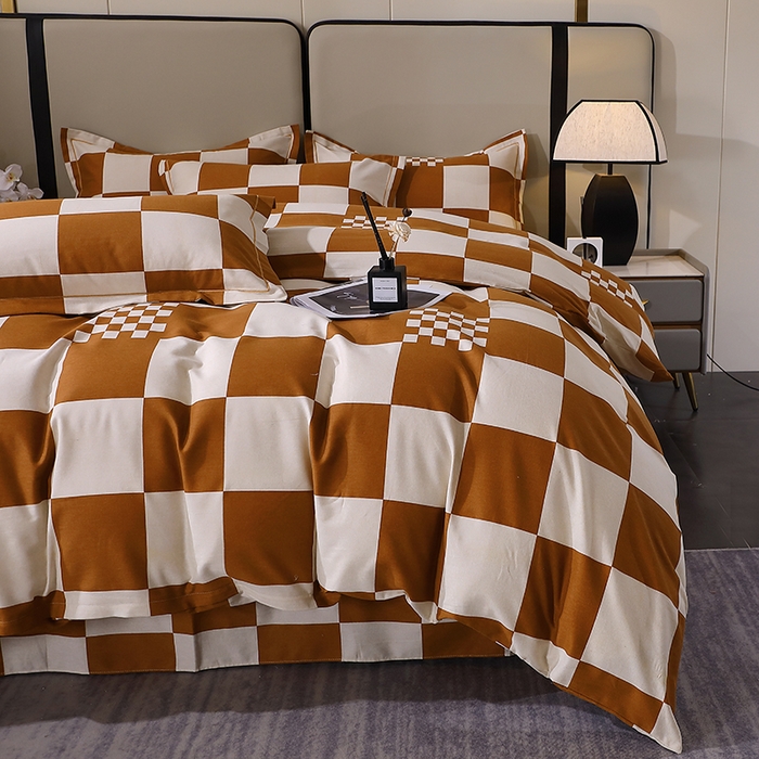 91家纺网 家纺一手货源 找家纺 贝兰仙奴 2024新款利兹系列磨毛多规格四件套棋盘格桔