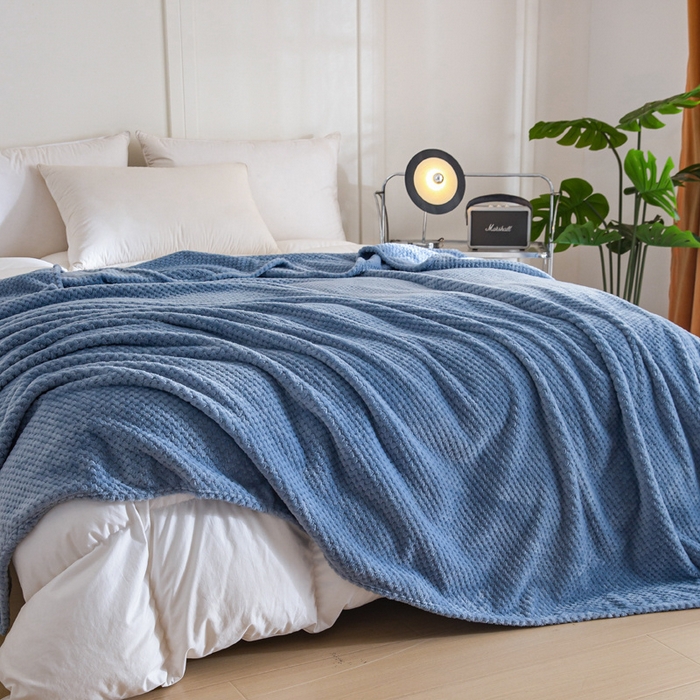 91家纺网 家纺一手货源 找家纺 卡琪曼 2024新款保暖菠萝格贝贝绒毛毯毯子 雾蓝