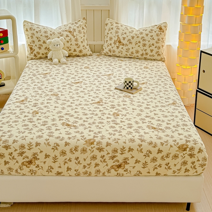 91家纺网 家纺一手货源 找家纺 金丝鸟家纺 2024新款200g牛奶绒单床笠系列 飞花咖