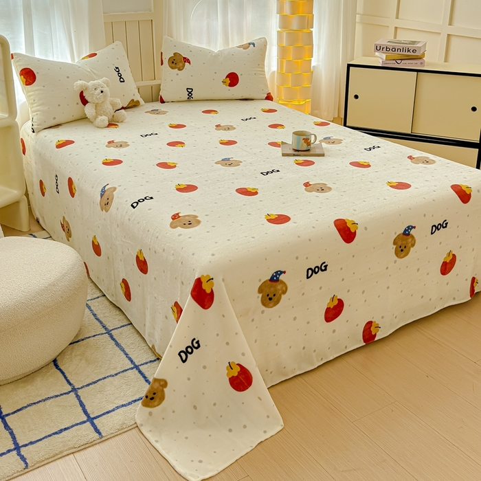 91家纺网 家纺一手货源 找家纺 金丝鸟家纺 2024新款200g牛奶绒单床单系列 西红柿小狗