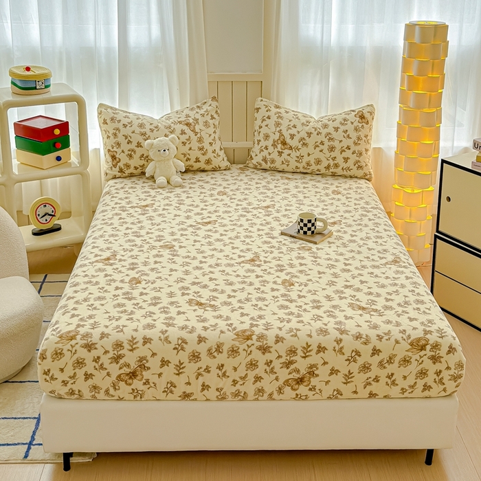 91家纺网 家纺一手货源 找家纺 金丝鸟家纺 2024新款200g牛奶绒单床笠系列 飞花咖