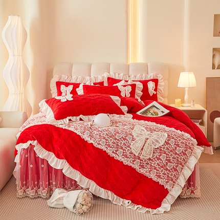 91家纺网 家纺一手货源 找家纺 （总）情恒家纺 2025新款A类婴儿绒全夹棉奶油风（蝴蝶结)床裙款四件套