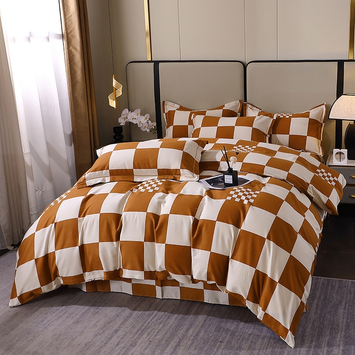 91家纺网 家纺一手货源 找家纺 贝兰仙奴 2024新款利兹系列磨毛多规格四件套棋盘格桔