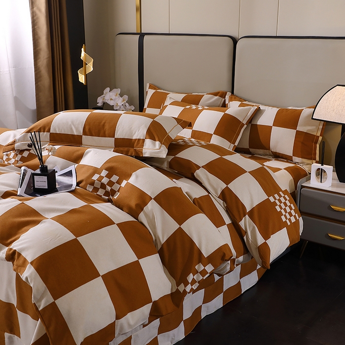 91家纺网 家纺一手货源 找家纺 贝兰仙奴 2024新款利兹系列磨毛多规格四件套棋盘格桔