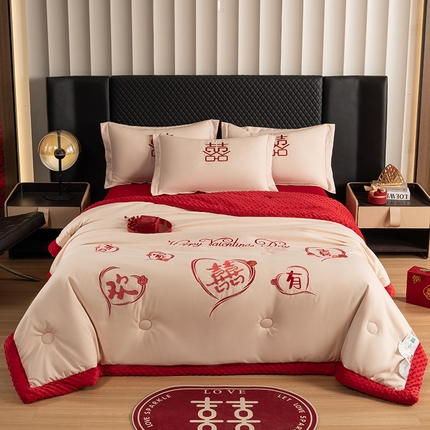 91家纺网 家纺一手货源 找家纺 玉雅家纺 2025新款婚庆两用豆豆被毛毯喜被婚庆被芯 婚庆被毯-欢喜之心