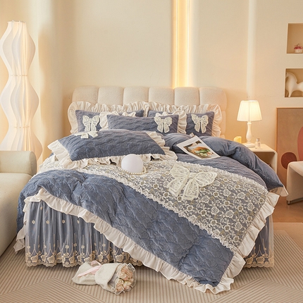 91家纺网 家纺一手货源 找家纺 （总）情恒家纺 2025新款A类婴儿绒全夹棉奶油风（蝴蝶结)床裙款四件套