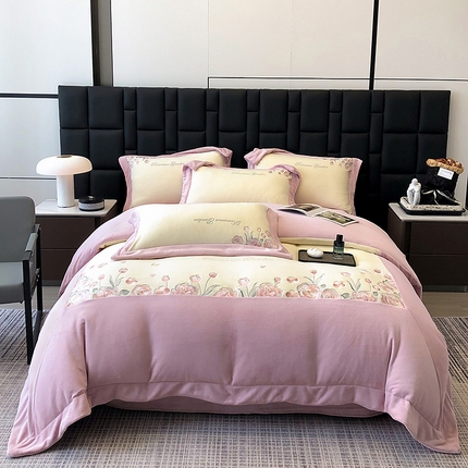 家居1号家纺 2024新款230克全消光牛奶绒四件套-花海 花海-粉豆沙