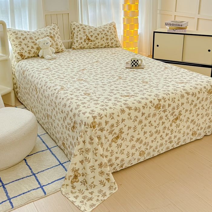 91家纺网 家纺一手货源 找家纺 金丝鸟家纺 2024新款200g牛奶绒单床单系列 飞花咖