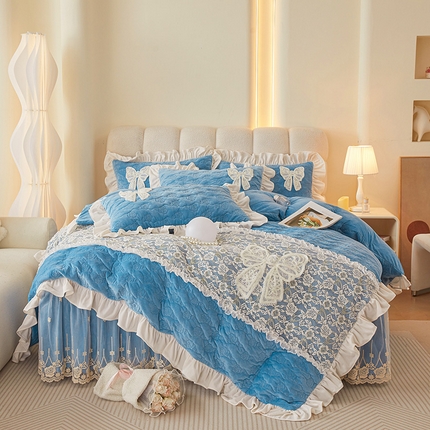 91家纺网 家纺一手货源 找家纺 （总）情恒家纺 2025新款A类婴儿绒全夹棉奶油风（蝴蝶结)床裙款四件套