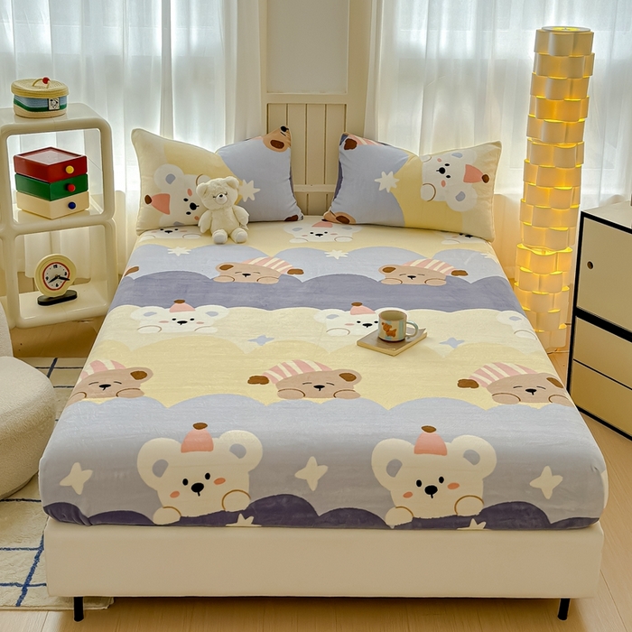 91家纺网 家纺一手货源 找家纺 金丝鸟家纺 2024新款200g牛奶绒单床笠系列 晚安熊