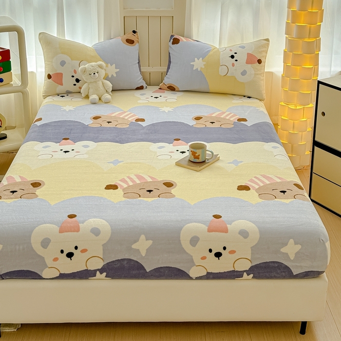 91家纺网 家纺一手货源 找家纺 金丝鸟家纺 2024新款200g牛奶绒单床笠系列 晚安熊