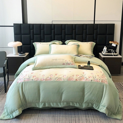家居1号家纺 2024新款230克全消光牛奶绒四件套-花海 花海-苹果绿