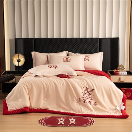 91家纺网 家纺一手货源 找家纺 玉雅家纺 2025新款婚庆两用豆豆被毛毯喜被婚庆被芯 婚庆被毯-吾家有喜