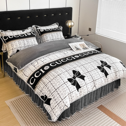 91家纺网 家纺一手货源 找家纺 栩裕 2025新款7斤重牛奶金貂绒印花牛奶绒四件套 蝴蝶结