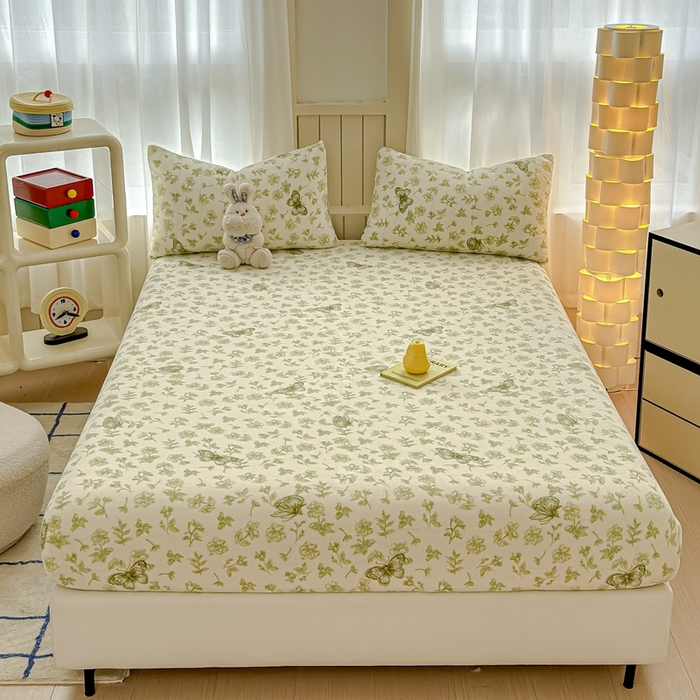 91家纺网 家纺一手货源 找家纺 金丝鸟家纺 2024新款200g牛奶绒单床笠系列 飞花绿