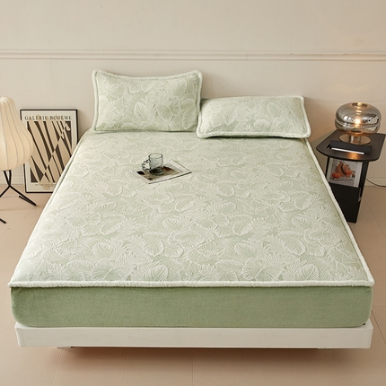 91家纺网 家纺一手货源 找家纺 极简 2024新款立体雕花牛奶绒床笠 叶语-抹茶绿