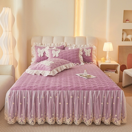 91家纺网 家纺一手货源 找家纺 （总）情恒家纺 2025新款A类婴儿绒全夹棉奶油风（蝴蝶结)床裙三件套