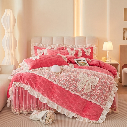 91家纺网 家纺一手货源 找家纺 （总）情恒家纺 2025新款A类婴儿绒全夹棉奶油风（蝴蝶结)床裙款四件套