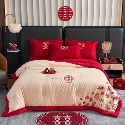 91家纺网 家纺一手货源 找家纺 玉雅家纺 2025新款婚庆两用豆豆被毛毯喜被婚庆被芯 婚庆被毯-喜乐玫瑰