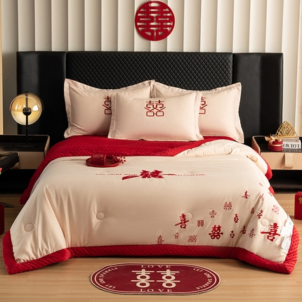 91家纺网 家纺一手货源 找家纺 玉雅家纺 2025新款婚庆两用豆豆被毛毯喜被婚庆被芯 婚庆被毯-喜临门